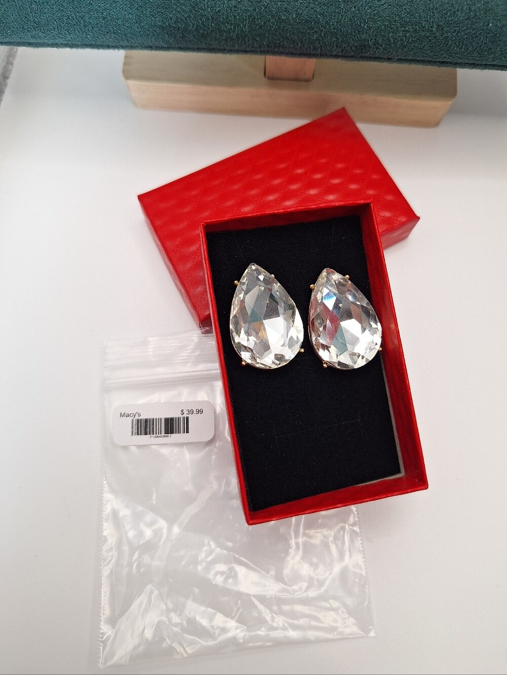 NWT Macy's Oversized Pear Cut Crystal Statement Stud Earrings | Gold Tone - Picture 2 of 13